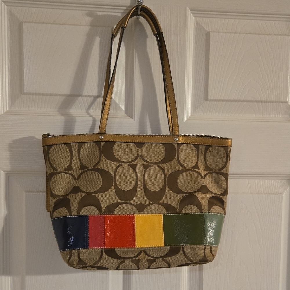 Coach Brown and Multicolor Stripe Tote Khaki Canvas Gold Leather Trim 14 X 10 - Picture 2 of 7